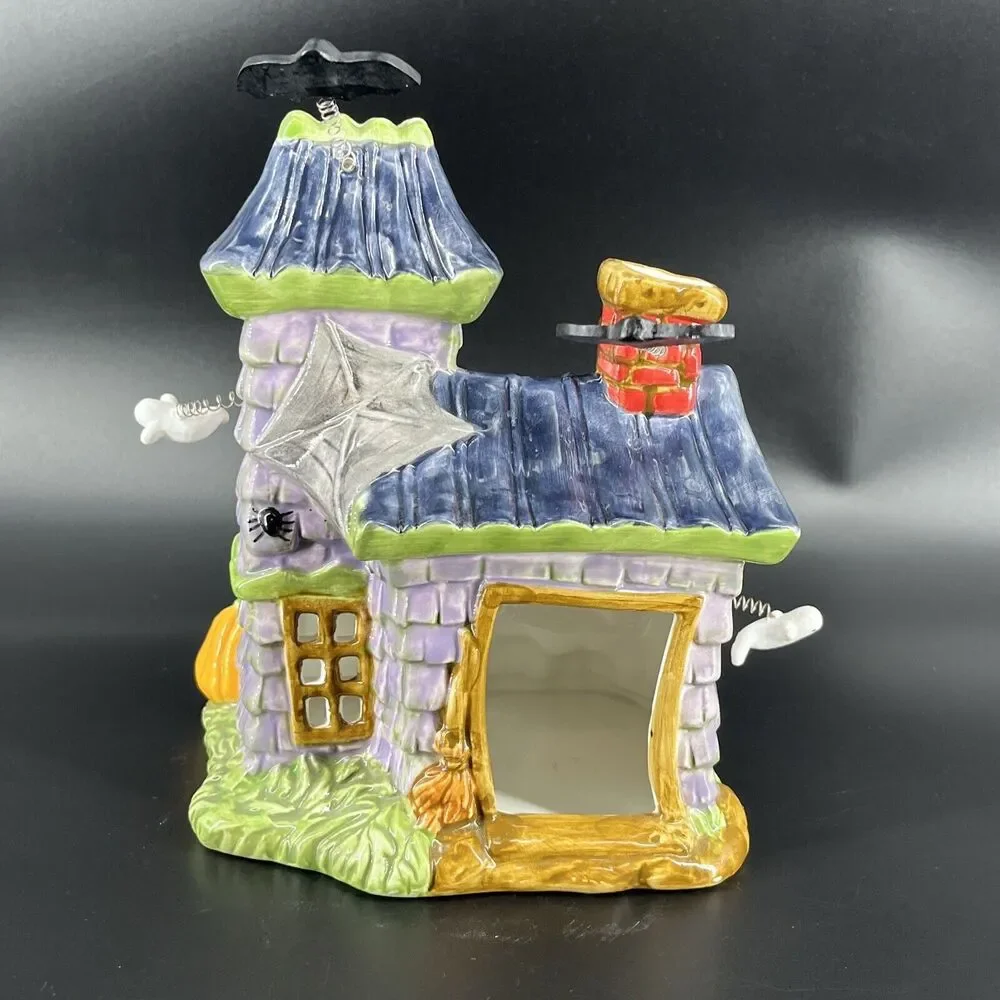Vintage Ceramic Haunted House Candle Holder Ghost Bat Jack-O-Lanterns Halloween - Picture 8 of 13